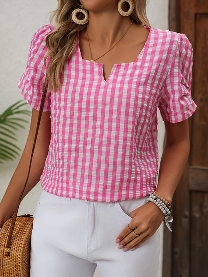 Dam Blus Elegant Rutig Vår/Sommar Top Kort Ärm Notch-Krage