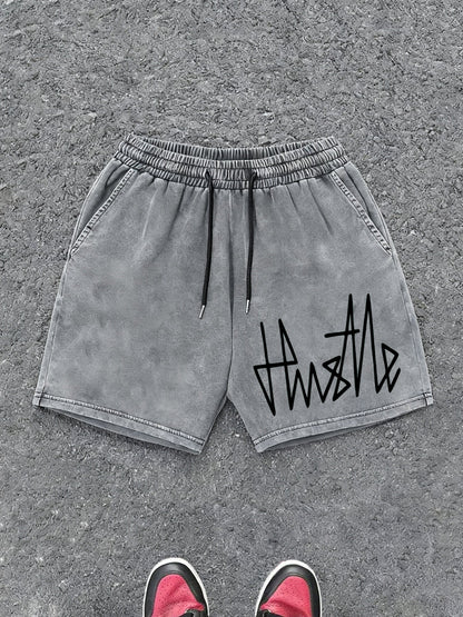 Herrshorts Streetwear med Hustle-tryck, avslappnad stil för vardagsbruk