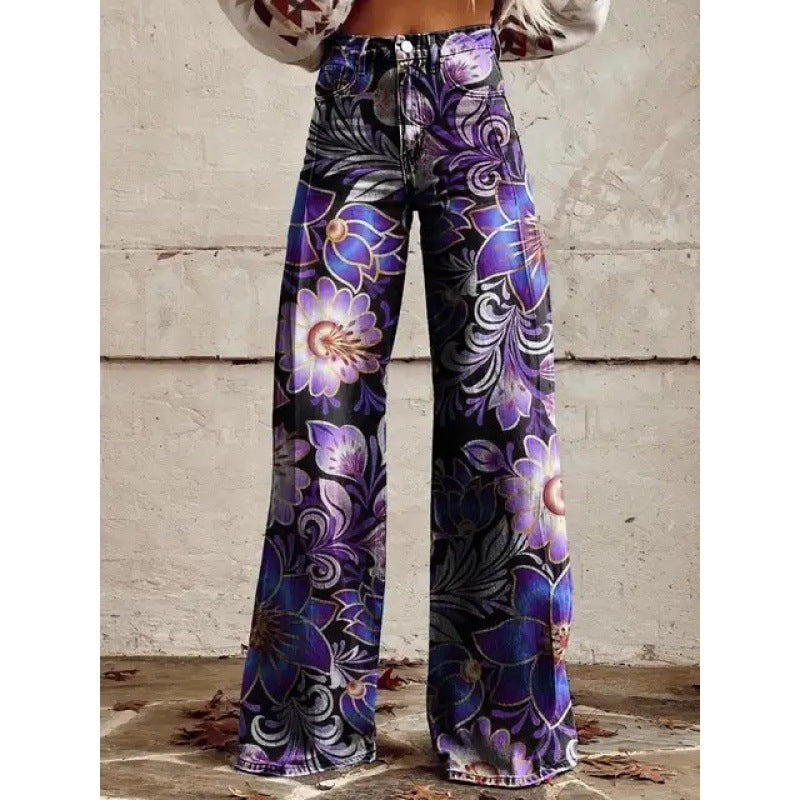 Jennifer – Tryckta Högmidjade Långa Byxor i Premium Vegan Denim