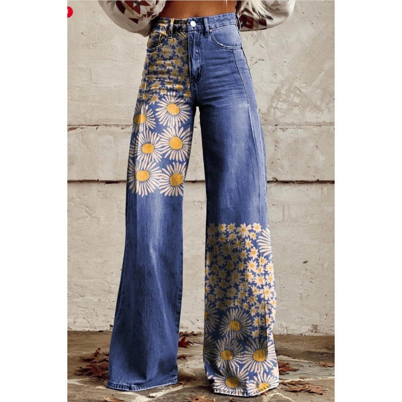 Jennifer – Tryckta Högmidjade Långa Byxor i Premium Vegan Denim