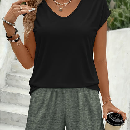 Damset Loungewear V-ringad Topp och Shorts Avslappnad Stil Perfekt för Vardag och Sommar