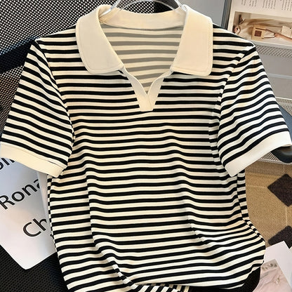 Damers Preppy Randig Pikétröja med Krage – Kortärmad, Vardagsstil, Smart Casual