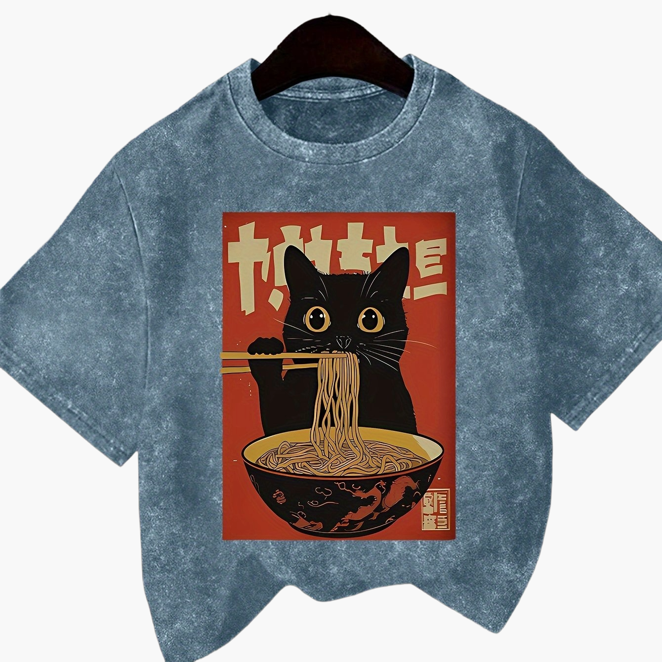 Unisex T-shirt med Vintage Katt och Ramen, Japansk Stil, Casual Mode