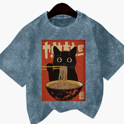 Unisex T-shirt med Vintage Katt och Ramen, Japansk Stil, Casual Mode