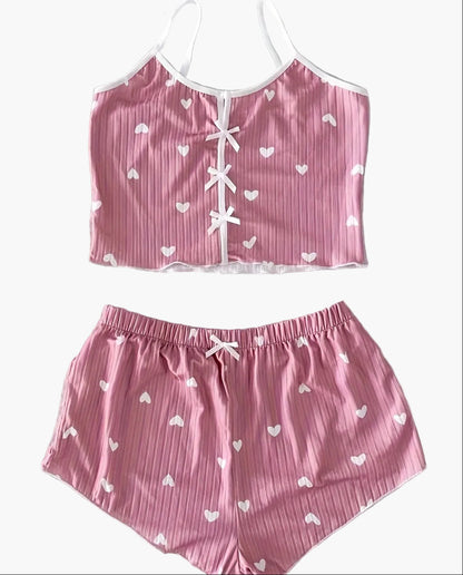 Dam Pyjamaset med hjärtmönster och rosett, sommar, tvådelad kort topp och shorts, söt och bekväm nattdräkt