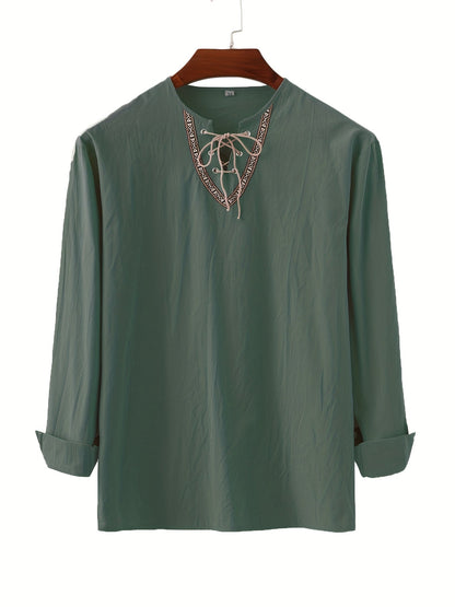 Herr Vintage Bohemisk Tunika med Snörning och Geometriskt Mönster – Ledig Blus för Alla Säsonger