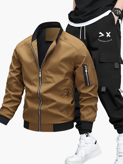 Herr Set med Jacka och Cargobyxor – Trendigt Streetwear för Vår och Höst