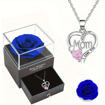 Smyckeset för Dam – Halsband med Hjärtformat 'Mom I Love You'-Hänge och Evighetsros i Presentask – Perfekt Gåva till Mamma