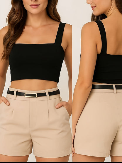 Damers eleganta kort topp och shorts med bälte – perfekt för sommar och fest