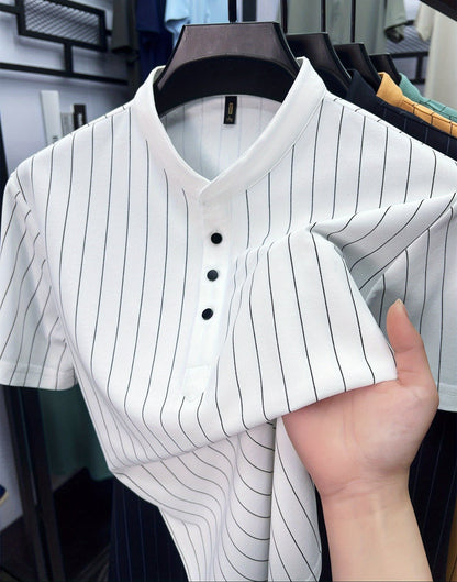 Herrskjorta med kort ärm och ståkrage – Stilren randig design för smart-casual och vardagsbruk