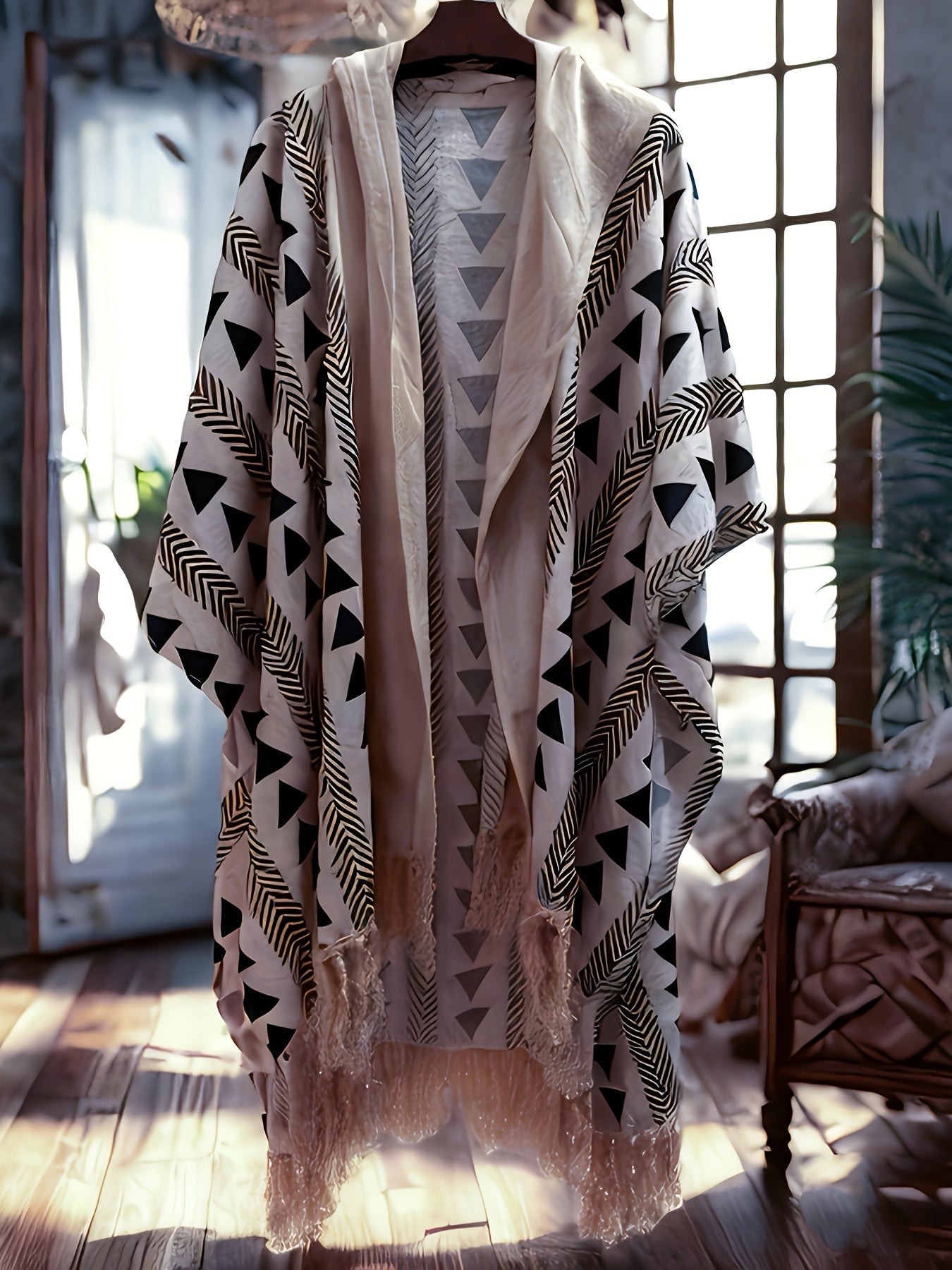 Herr Poncho Strand Kaftan med Geometriskt Mönster och Huvud – Bohemisk Festivalstil