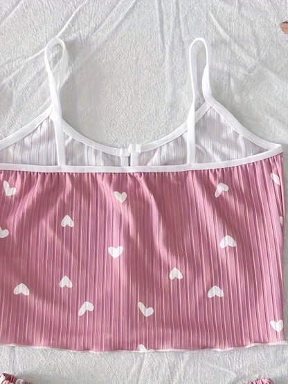 Dam Pyjamaset med hjärtmönster och rosett, sommar, tvådelad kort topp och shorts, söt och bekväm nattdräkt