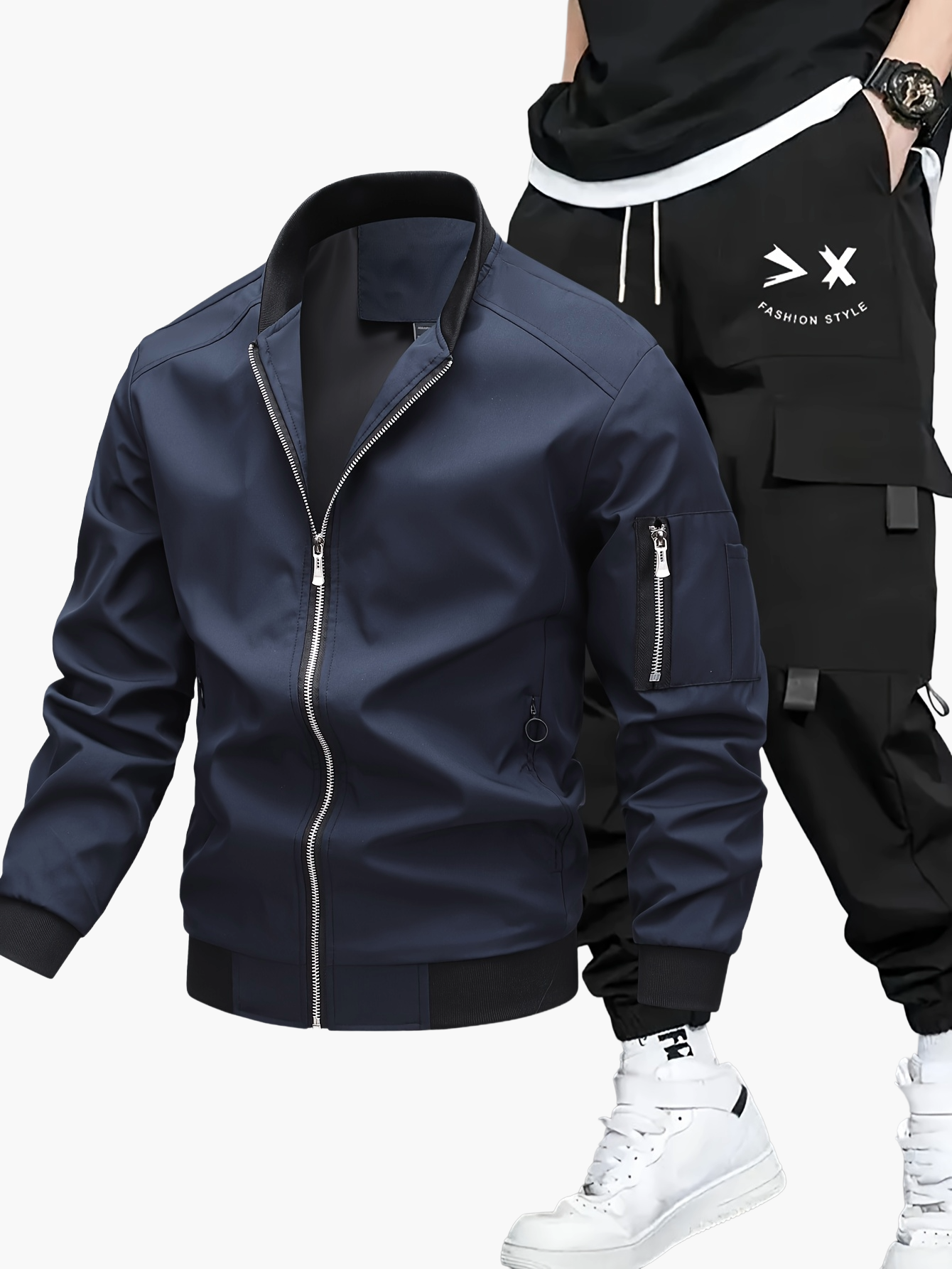 Herr Set med Jacka och Cargobyxor – Trendigt Streetwear för Vår och Höst