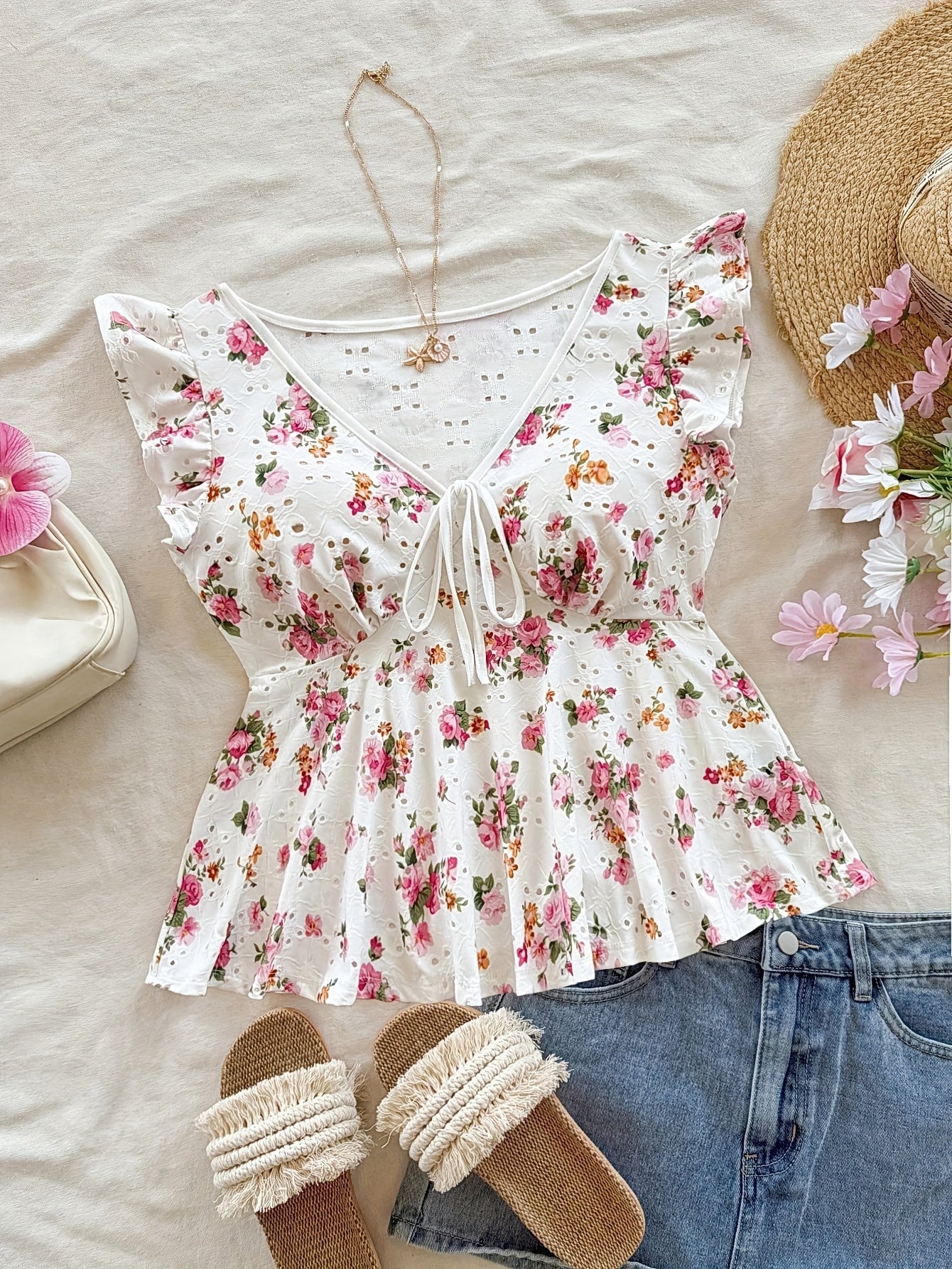 Dam Peplum Blus med Blommigt Mönster och Broderi – Romantisk Sommarstil för Vardag och Fest