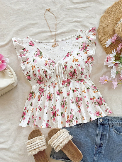 Dam Peplum Blus med Blommigt Mönster och Broderi – Romantisk Sommarstil för Vardag och Fest