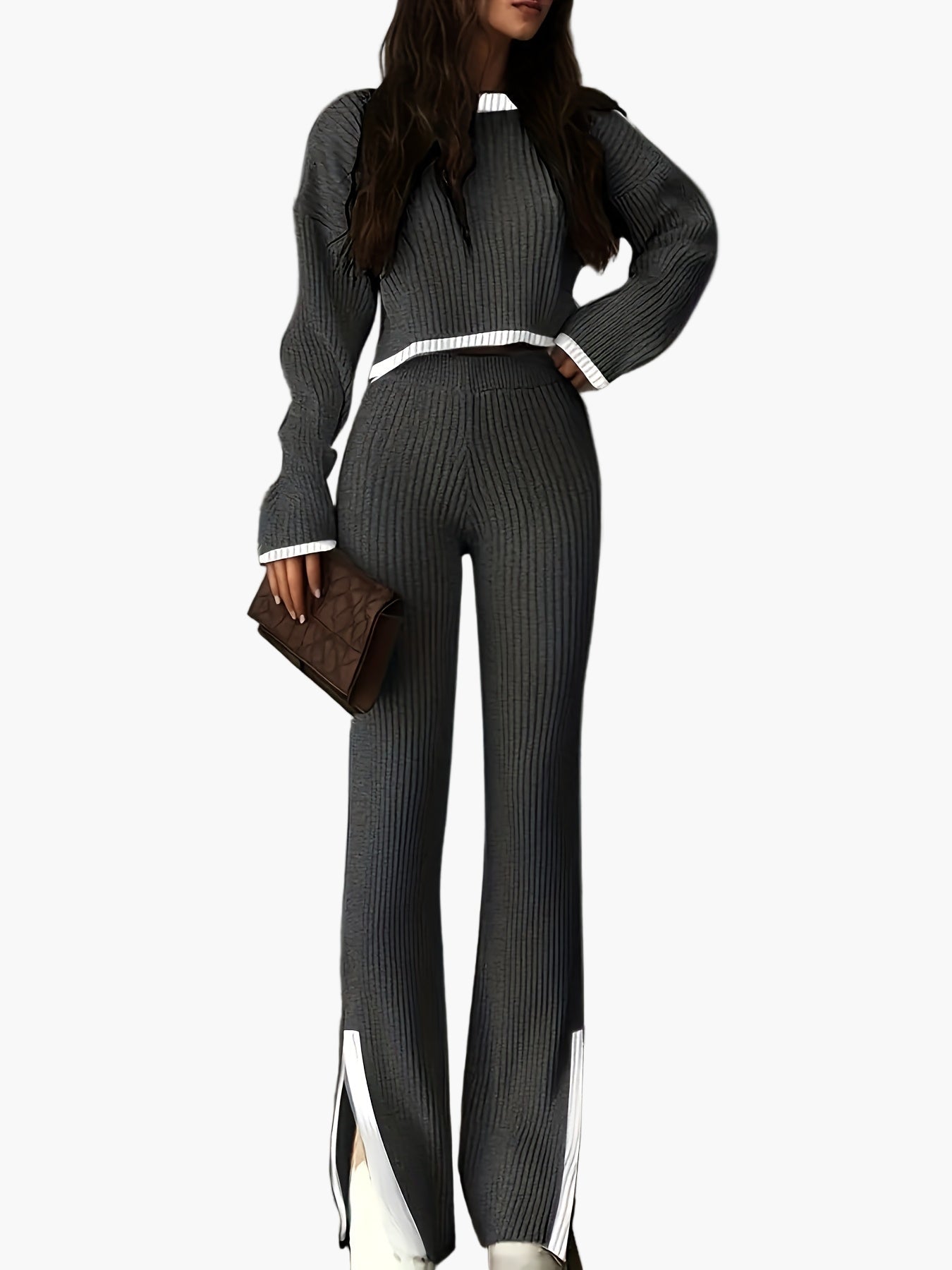 Dam Set Elegant Stickad Loungewear Set med Vida Byxor och Tröja – Perfekt för Höst och Vinter