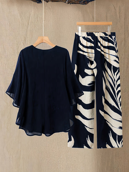 Damset Blus och Vida Byxor – Semester Chic Tvådelad Outfit för Sommar och Resor