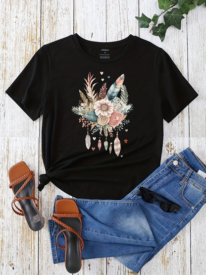 Dam T-shirt med blommigt och fjädertryck, avslappnad stil, perfekt för vardagsbruk
