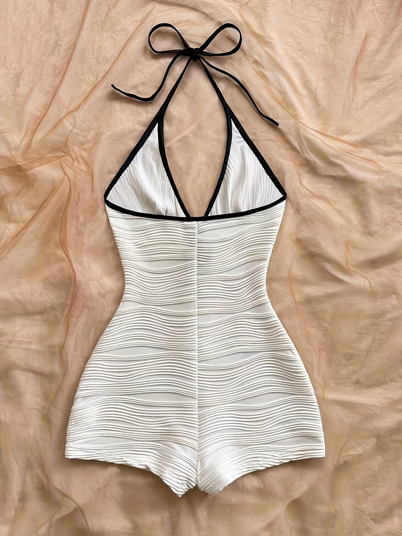 Dam Baddräkt med Halterneck och Vågmönster – Elegant Vintage Stil för Strand och Pool