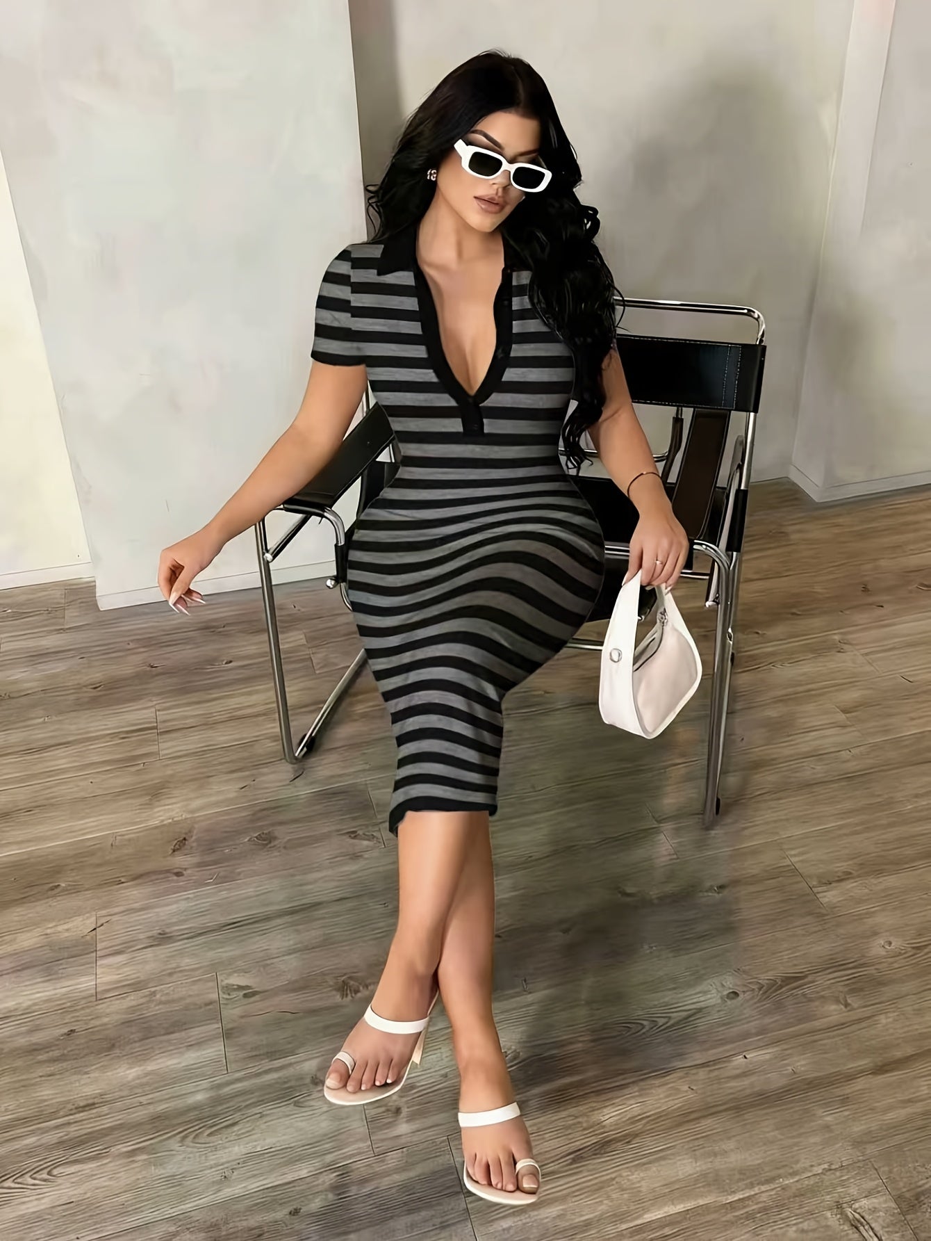 Damklänning – Polo Bodycon Randig Midiklänning för Elegant och Modern Look
