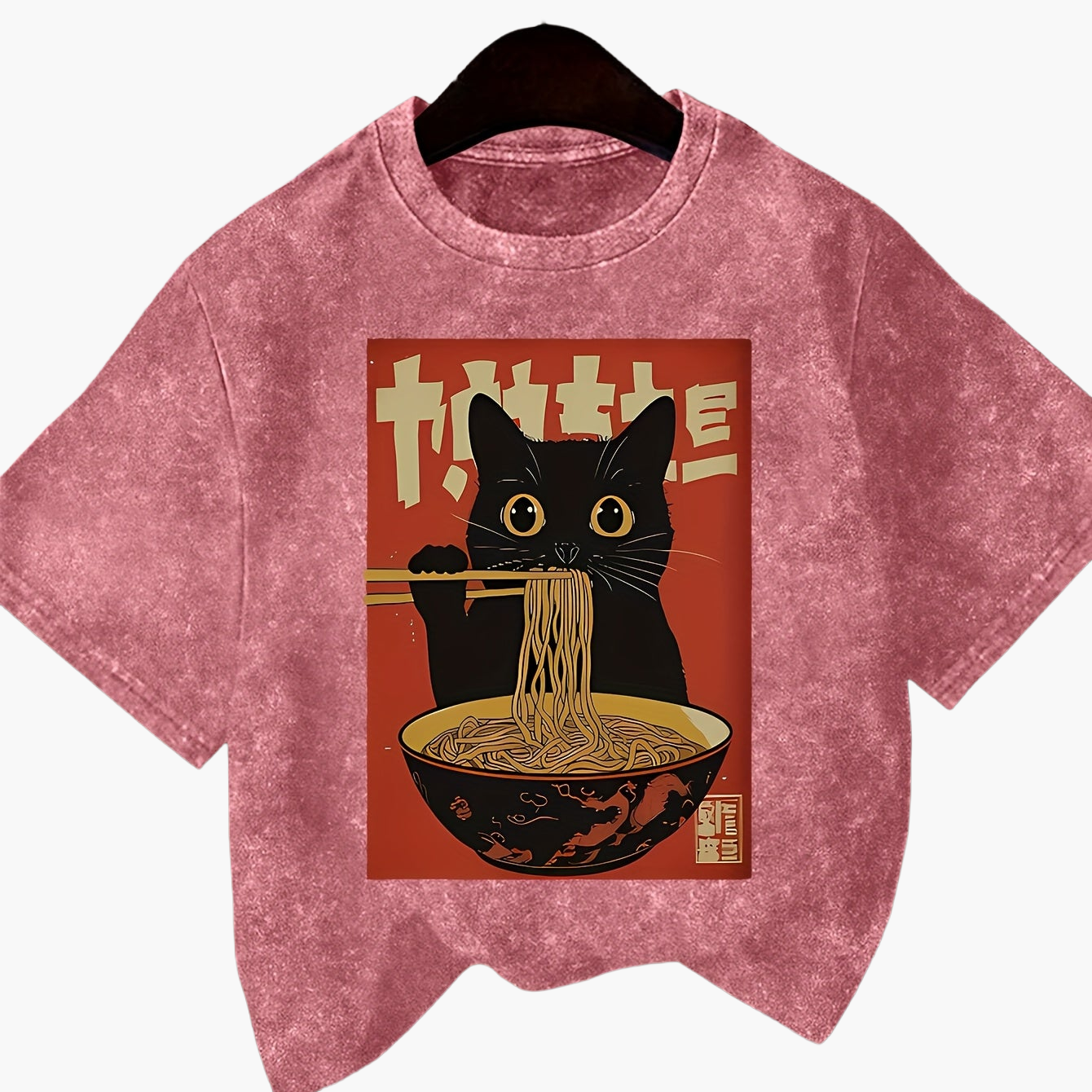 Unisex T-shirt med Vintage Katt och Ramen, Japansk Stil, Casual Mode