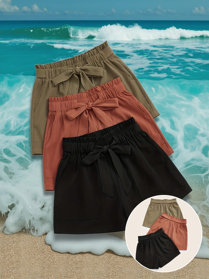 Damshorts med rosett, avslappnad strandstil, 3-pack