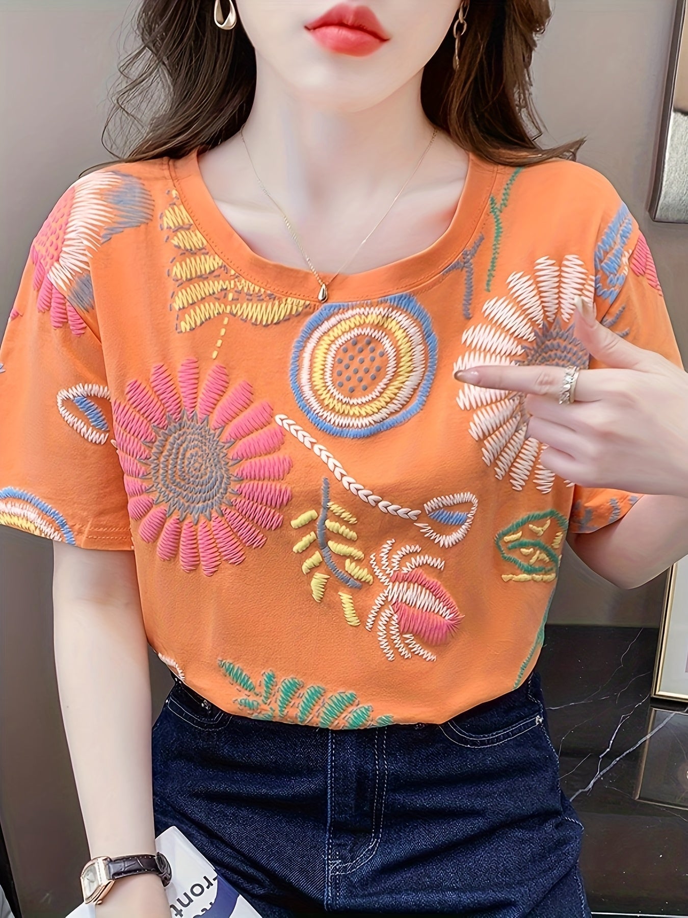 Dam Topp Broderad Boho Stil Ledig Sommarblus Kort Ärmar