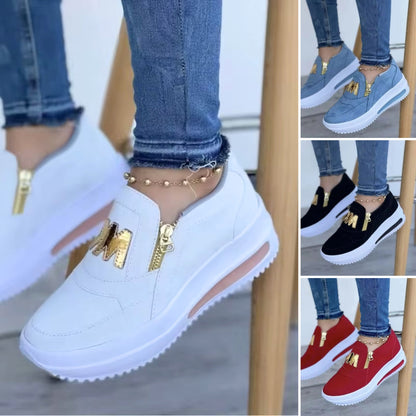 Sportiga Kvinnosneakers med Platåsula och Guldfärgade Dragkedjor – Sommar
