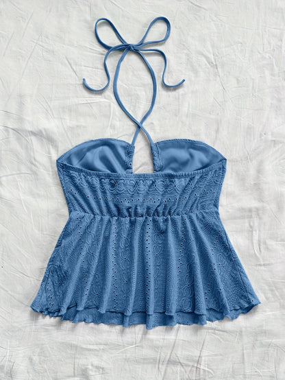 Dam Halterneck Sommartopp med Broderade Detaljer – Romantisk Babydoll Stil