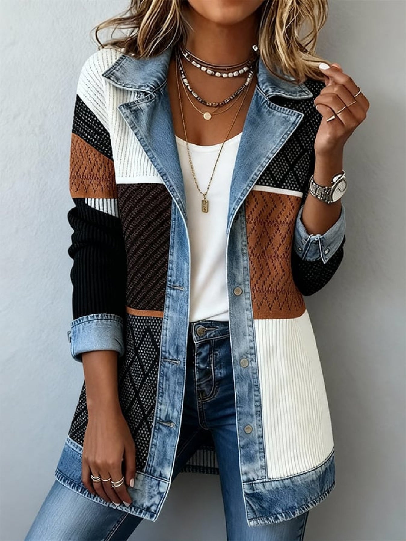 Damkavaj Elegant Långärmad Med Jeansdetaljer För Mode och Vardag