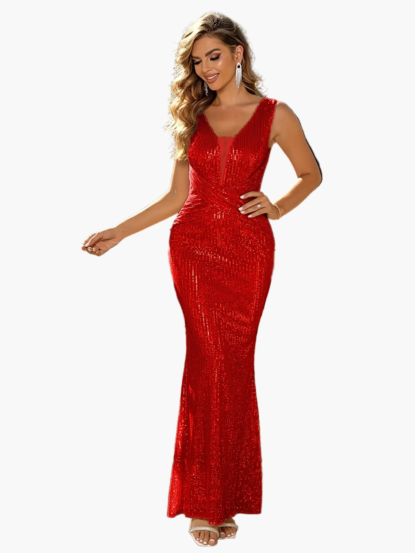 Damernas eleganta festklänning i bodycon-stil med paljetter och V-ringning – perfekt för sommarens tillställningar