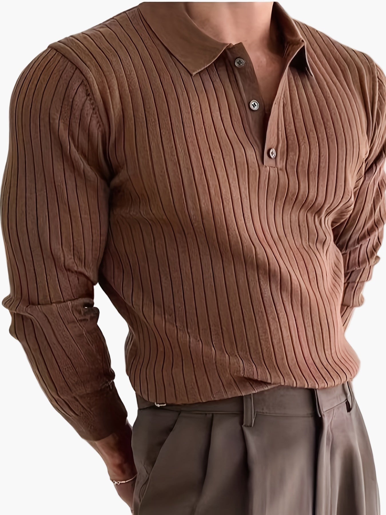 Herrstickad Ribbad Pikétröja – Modern Casual Stil för Höst och Vinter