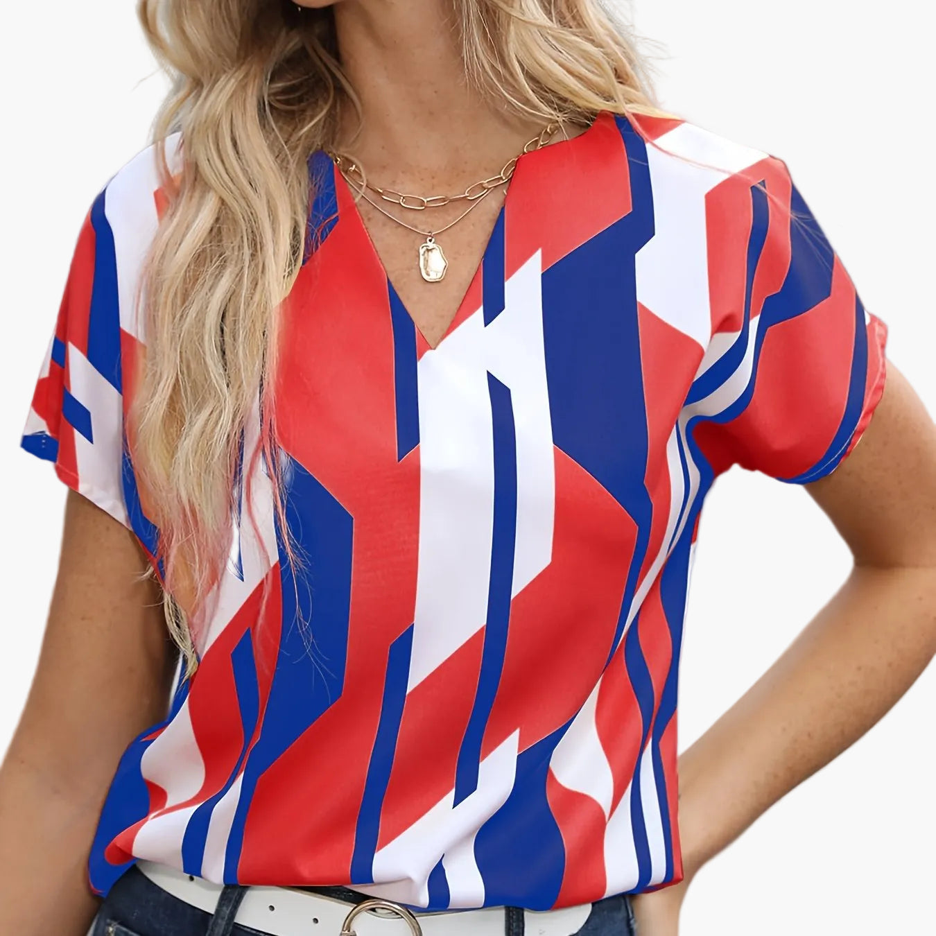 Dam Blus Geometriskt Mönster V-ringad Elegant Sommarblus Kontorsstil