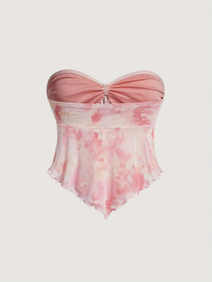 Dam Bandeau Festtopp med Handkerchief-Detaljer och Romantisk Knytning – Perfekt för Sommar och Utekvällar