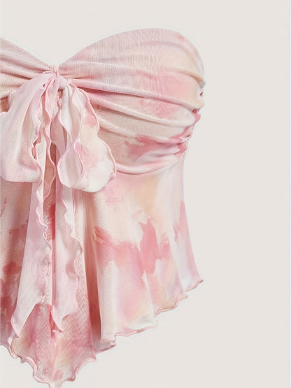 Dam Bandeau Festtopp med Handkerchief-Detaljer och Romantisk Knytning – Perfekt för Sommar och Utekvällar