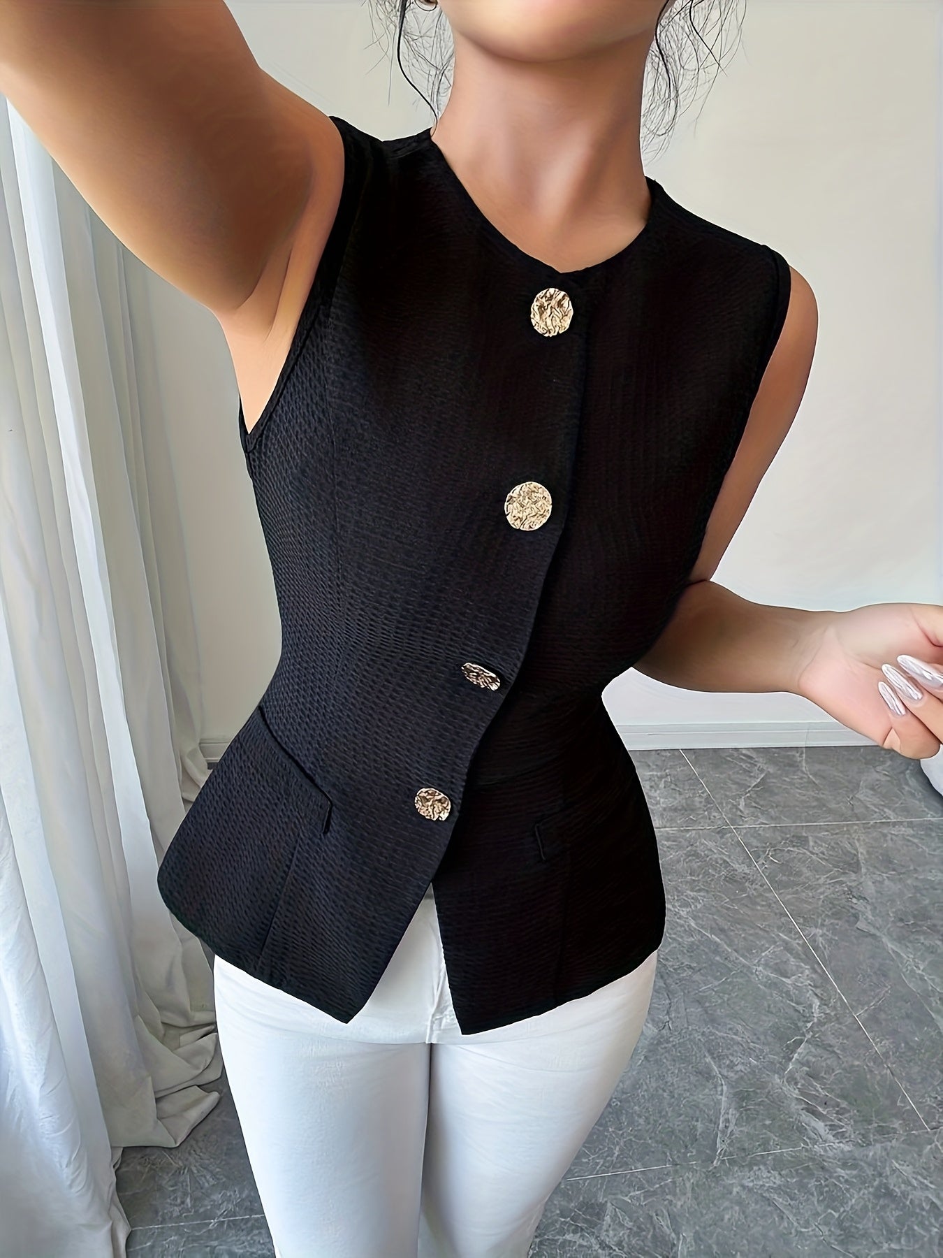 Dam Elegant Figursydd Ärmlös Blus med Knappar för Kontor och Fest