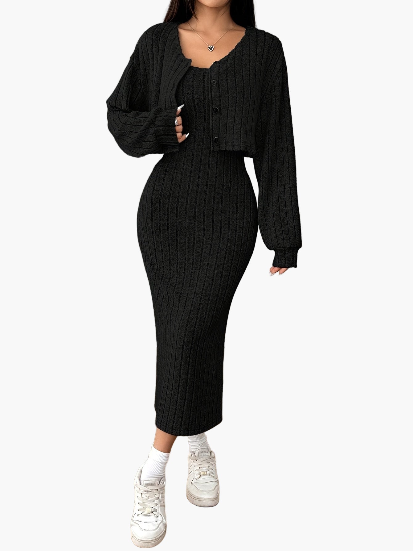 Dam Set med Kjol och Kofta – Elegant Ribbad Stickad Outfit för Vardag och Fritid
