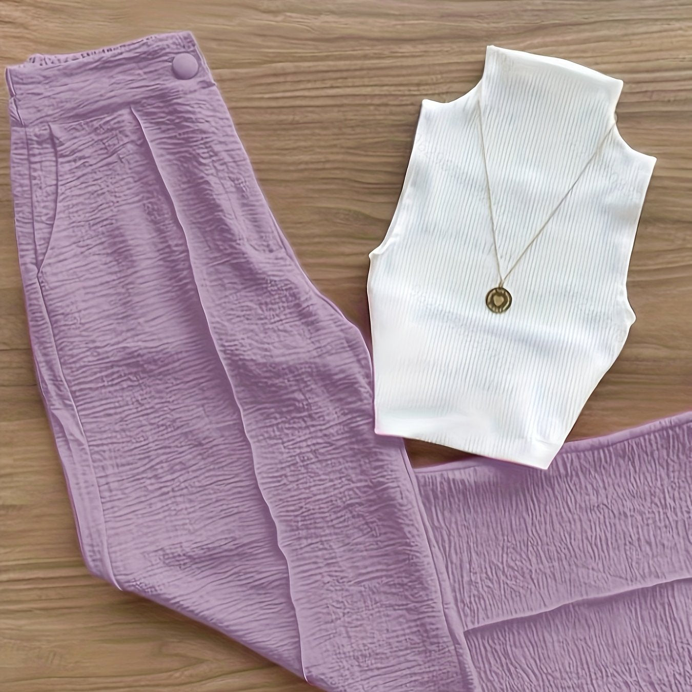 Damset – Elegant ärmlös topp och vida byxor, perfekt för vår och sommar
