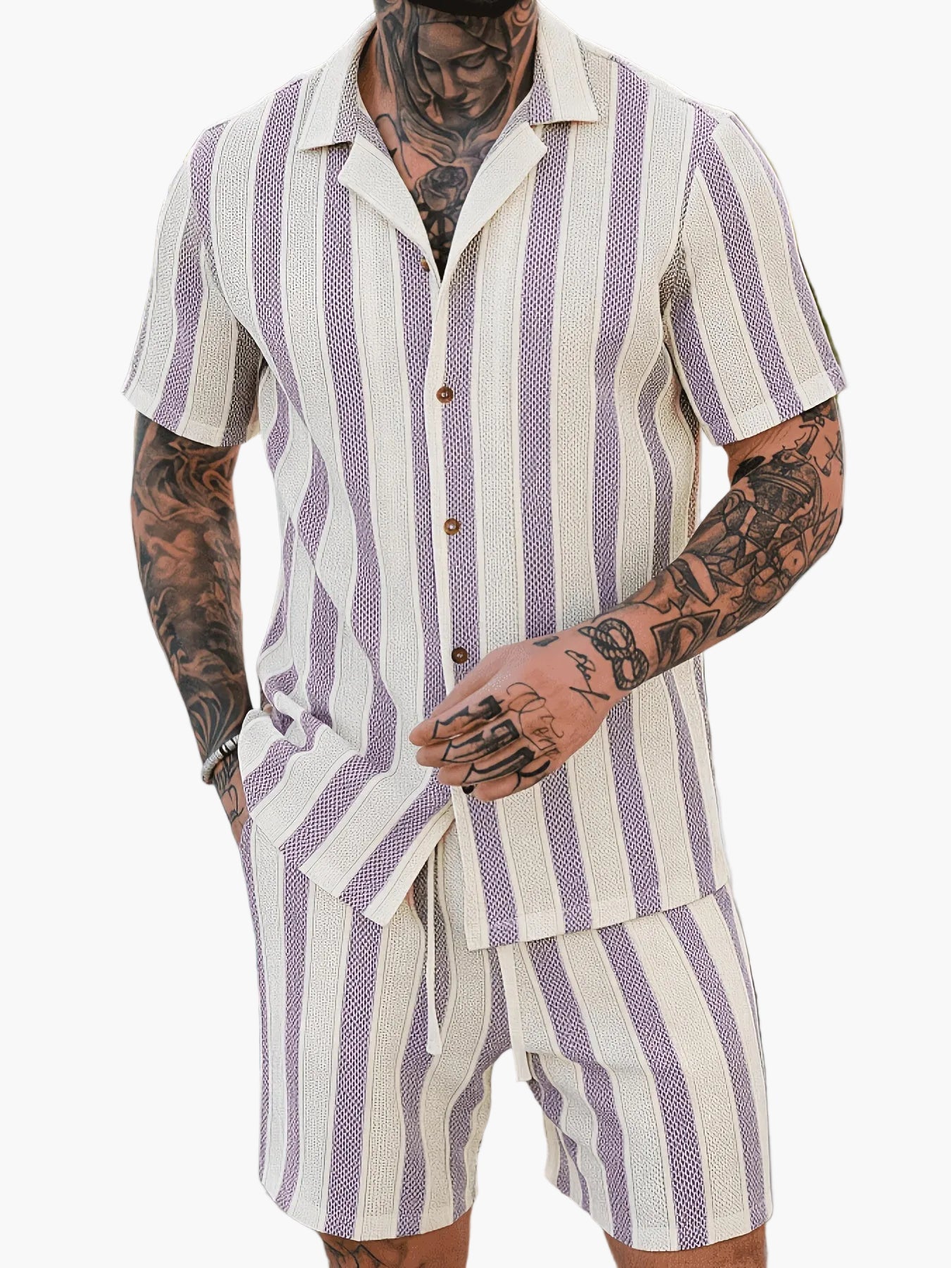 Herr Set med Kortärmad Skjorta och Shorts – Randigt, Avslappnad Sommarstil