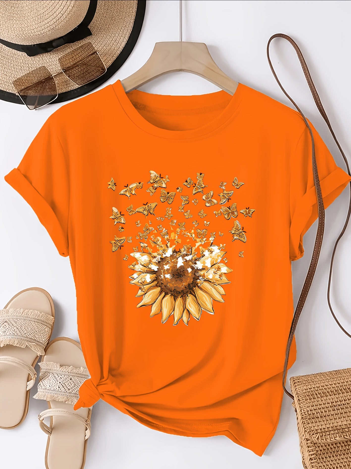 Dam T-shirt med solros och fjärilar, avslappnad stil, vår/sommar