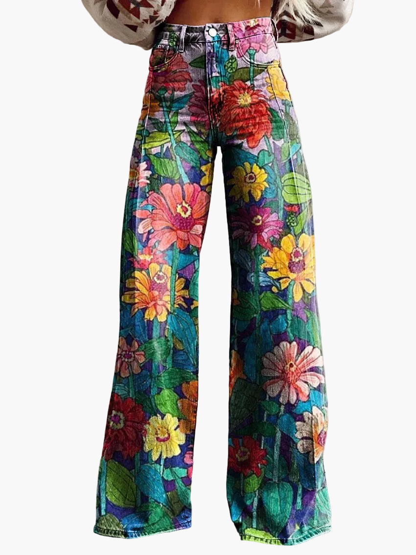 Dam Jeans Vida Ben Baggy Blommönstrade Retro Mode Fritidsbyxor