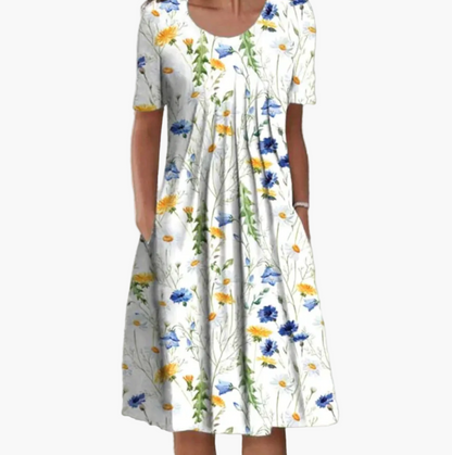 Damklänning med blommigt tryck, ledig midilängd, perfekt för sommar och vardag