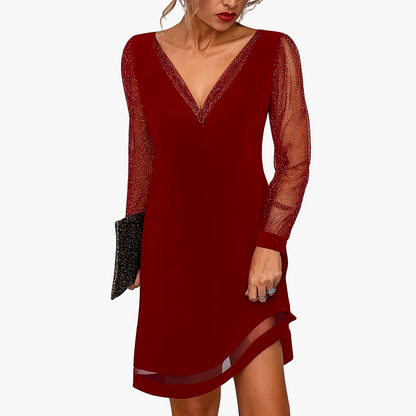 Damklänning med V-ringning och Transparenta Ärmar – Elegant Fest och Kvällslook