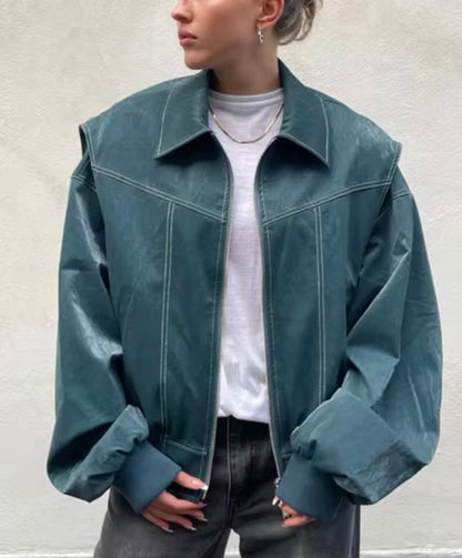 Damjacka – Oversized bomberjacka i PU-konstläder för streetwear och vardag