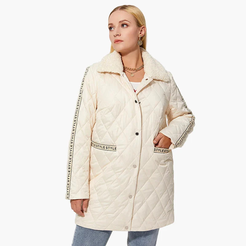 Dam Quilted Lång Jacka med Fuskpälskrage och Trendig Dekor – Vintermode