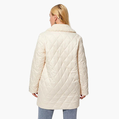 Dam Quilted Lång Jacka med Fuskpälskrage och Trendig Dekor – Vintermode