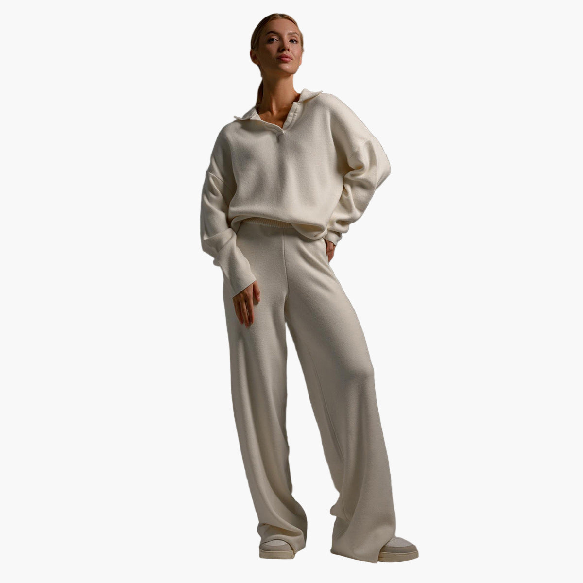 Dam Lounge Set – Avslappnad Oversized Tröja med Krage & Vida Byxor – Perfekt för Hemma eller Casual