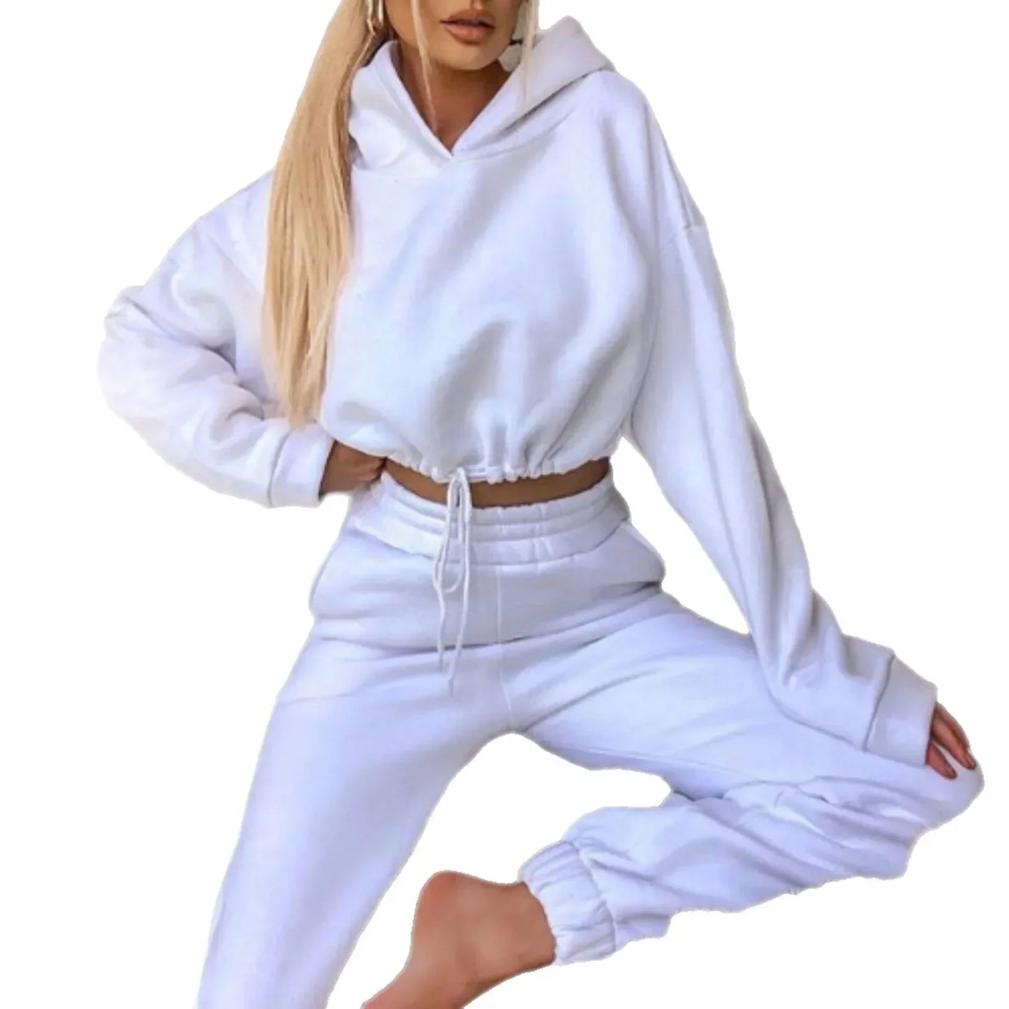 Dam Lounge-set med Kort Hoodie och Joggingbyxor – Trendig Vardagsstil och Mys