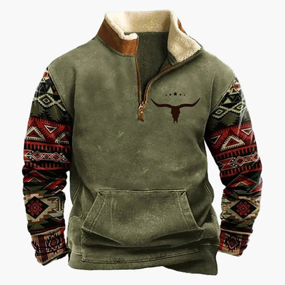 Herrar Western Fleece Pullover – Etno Mönstrad Tröja med Kvartdragkedja och Buffelmotiv