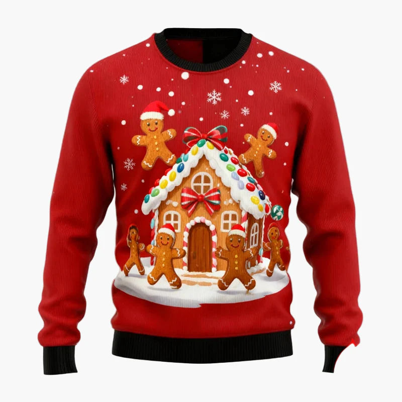 Herr Jultröja Ugly Christmas Sweater med Pepparkaksgubbar, Julgran och Renmotiv – Perfekt för Fest och Julfester
